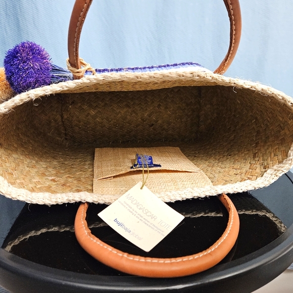 NWT BujiBaha by Hat Attack Straw Small Provence Tote Blues Stripes - Picture 5 of 9